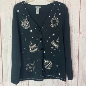 CB Career L Large Knit Sweater Sequin Beaded Christmas Bulbs Black Button